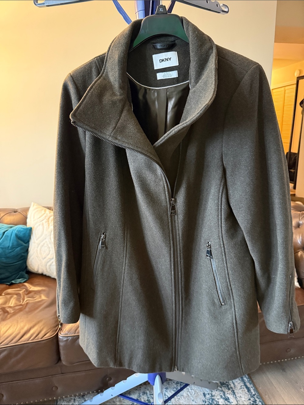 DKNY Olive Green Wool-Blend Asymmetrical Zip Trench Coat